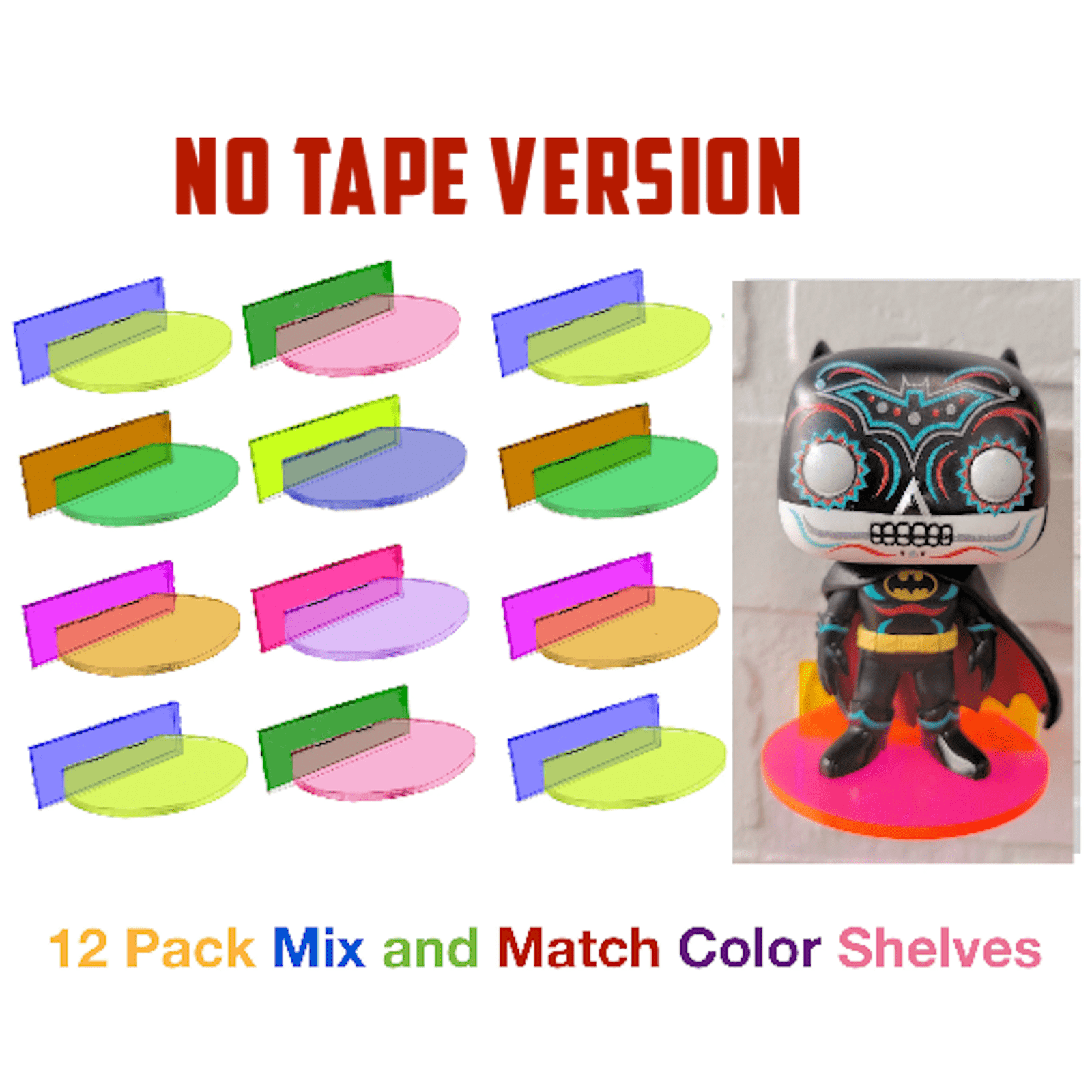 Funko Pop Vinyl Acrylic Wall Stand, Stick On, Single Shelf Neon Colors Mix and Match No tape Version
