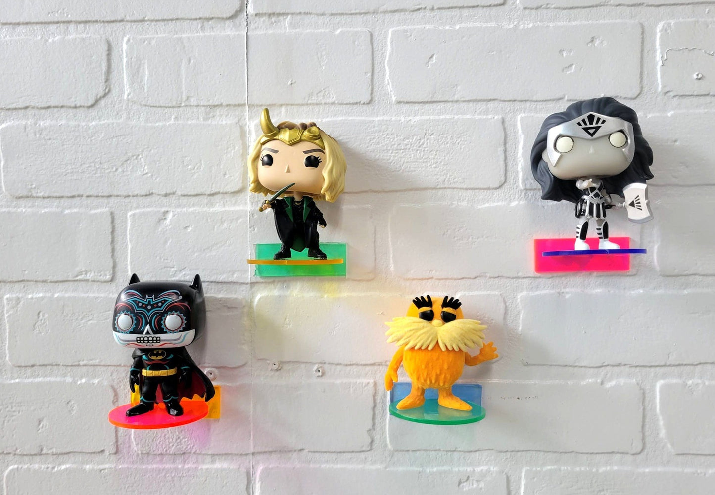 Funko Pop Vinyl and Funko Pin: Acrylic Wall Stand, Stick On, Single Shelf Neon Colors Mix and Match