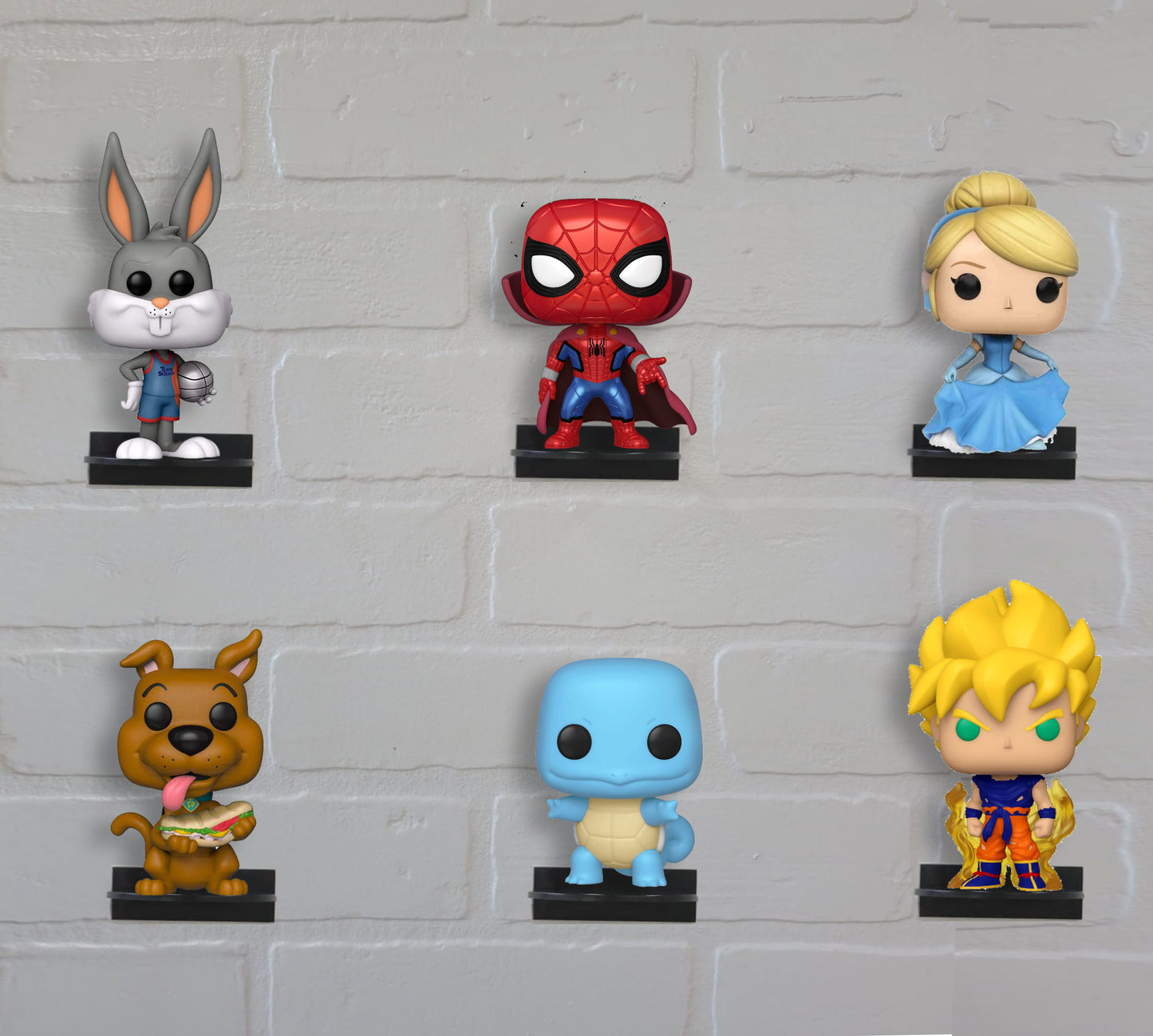 For Funko Pop Vinyl or Pin: Black Acrylic Wall Stand, Stick On, Single Shelf No Nails or Screws