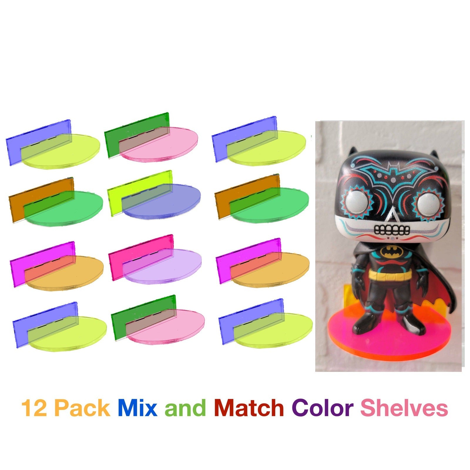 Funko Pop Vinyl and Funko Pin: Acrylic Wall Stand, Stick On, Single Shelf Neon Colors Mix and Match