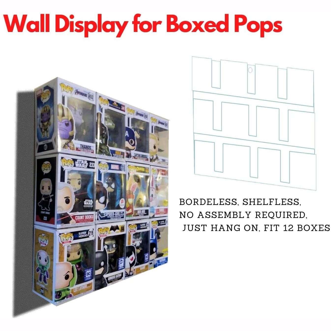In Box Funko Pop or Funko Pin, Wall Display Case, Bordeless, Shelfless, No Assembly required, just hang on