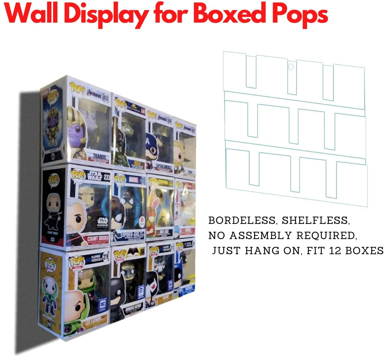 In Box Funko Pop, Wall Display Case, Frameless, Shelfless, No Assembly required, just hang on