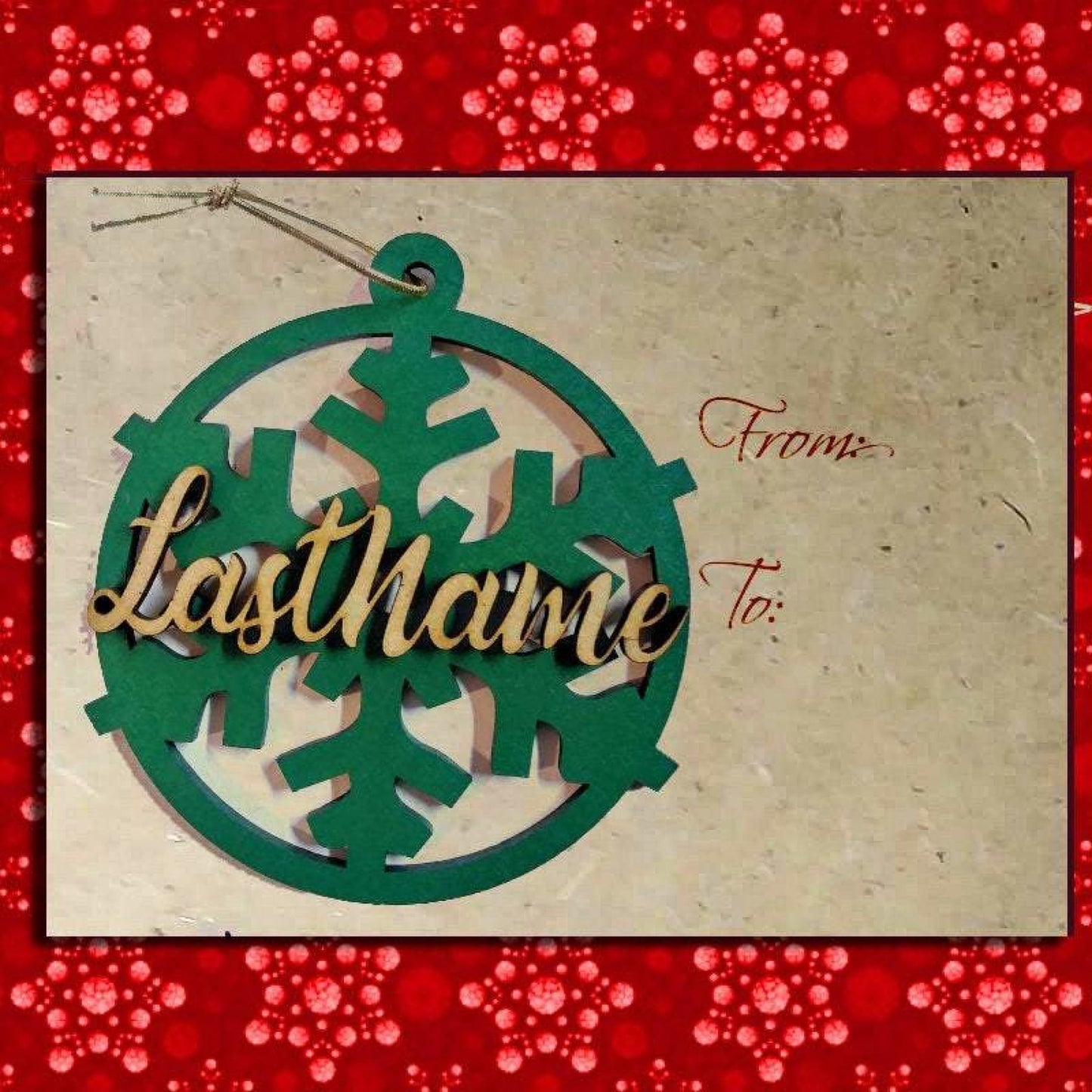 Christmas Ornament Card, on Green with Custom name Snowflake 2