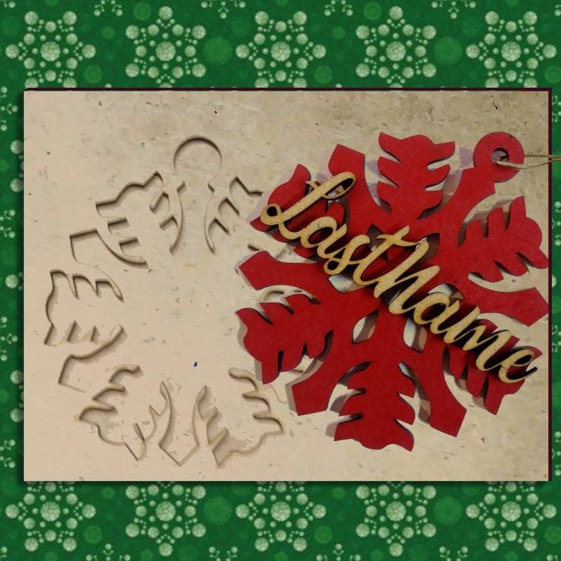 Christmas Ornament Card, on Green with Custom name Snowflake