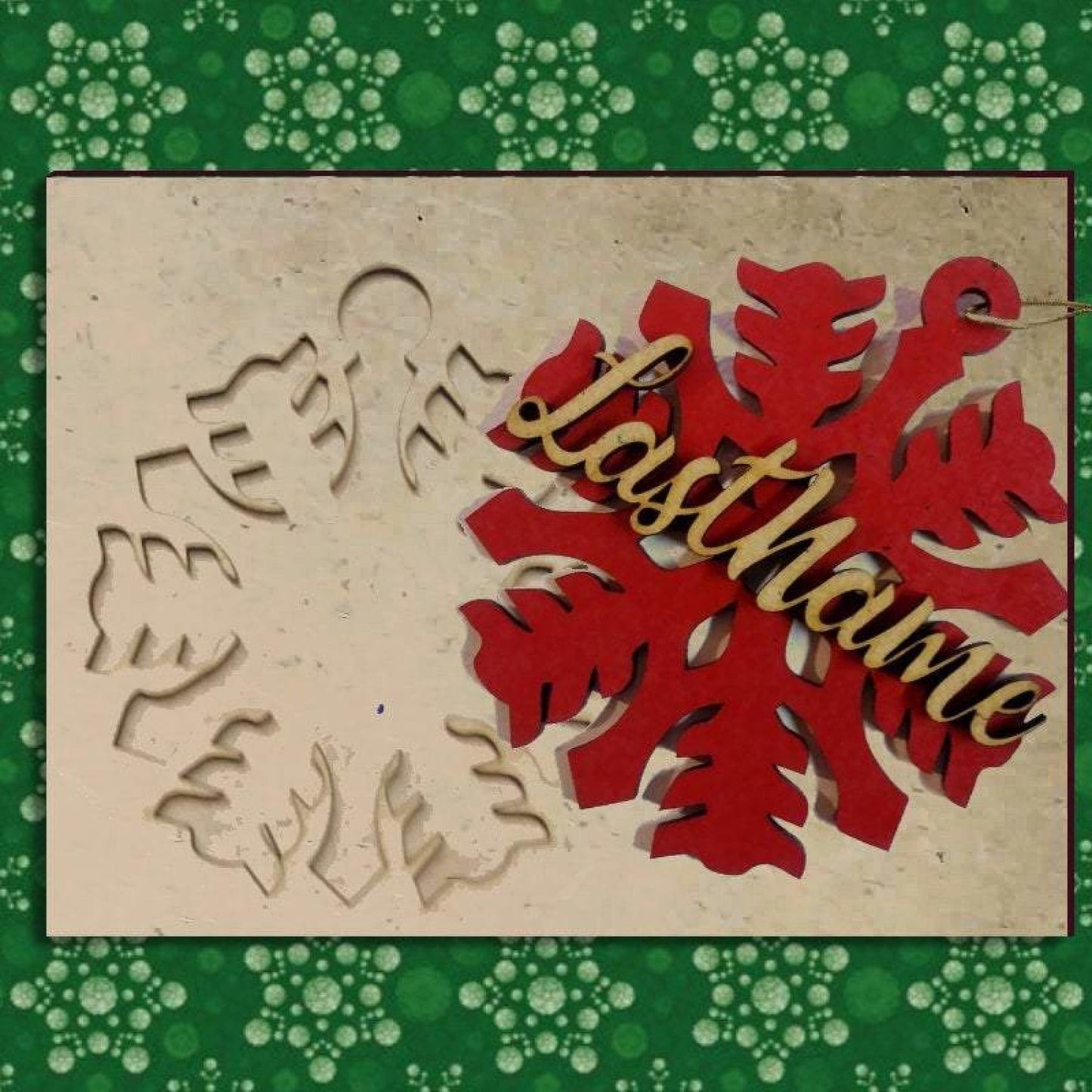 Christmas Ornament Card, on Red with Custom name Snowflake 2